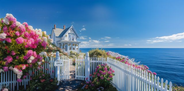 Eine weiße Villa hinter Rosen und einem Gartenzaun an der Ostsee